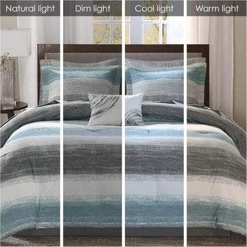 Madison Park Essentials Cozy Bed in a Bag Comforter, Vibrant Color Design All Season Down Alternative Cover with Complete Sheet Set, Queen(90"x90"), Strip Aqua